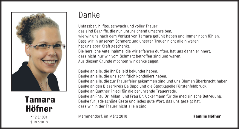  Traueranzeige für Tamara Höfner vom 31.03.2018 aus merkurtz