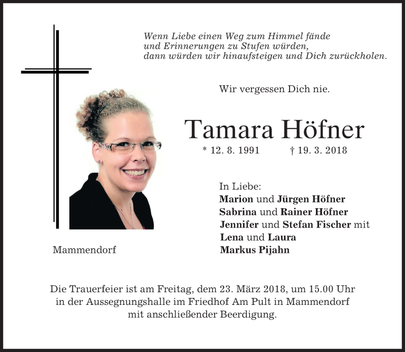  Traueranzeige für Tamara Höfner vom 22.03.2018 aus merkurtz
