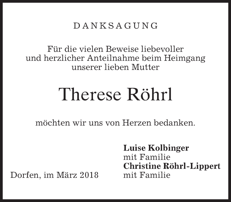  Traueranzeige für Therese Röhrl vom 29.03.2018 aus merkurtz