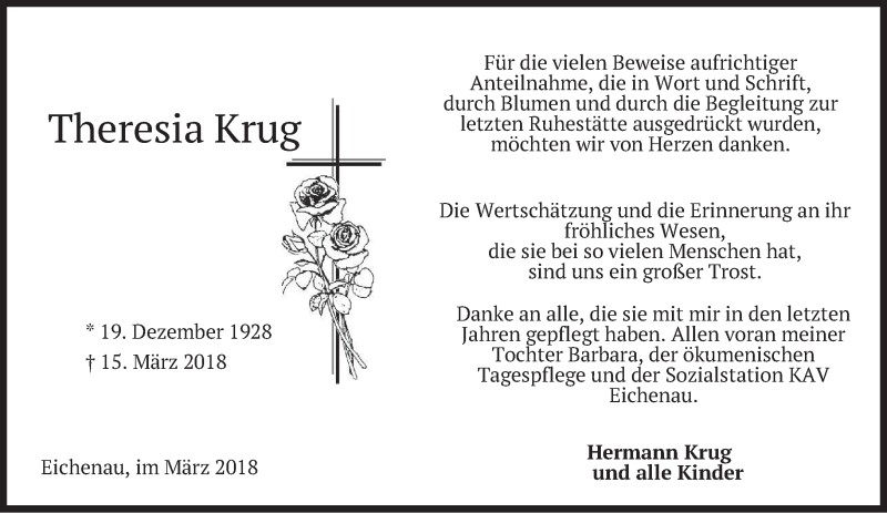  Traueranzeige für Theresia Krug vom 31.03.2018 aus merkurtz