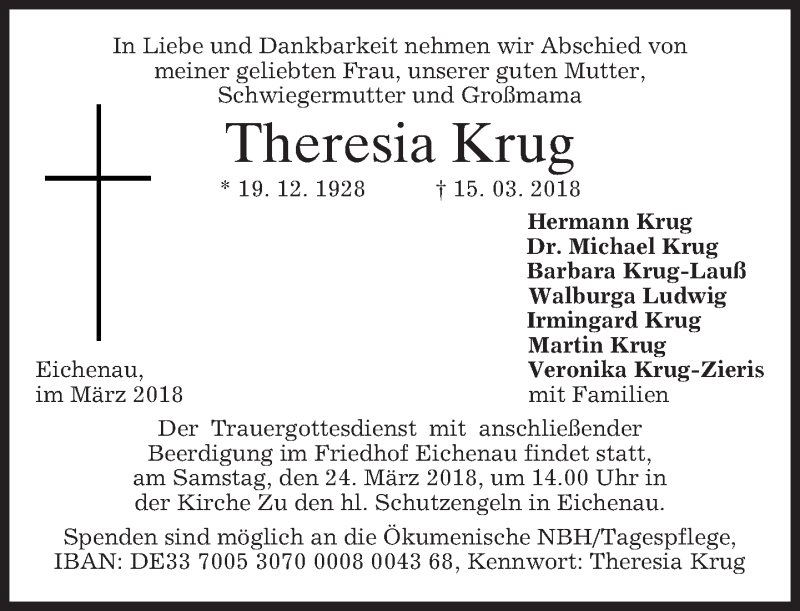  Traueranzeige für Theresia Krug vom 21.03.2018 aus merkurtz