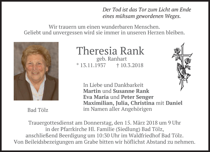  Traueranzeige für Theresia Rank vom 13.03.2018 aus merkurtz
