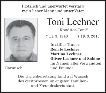 Traueranzeige von Toni Lechner von merkurtz