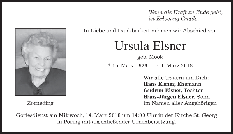  Traueranzeige für Ursula Elsner vom 07.03.2018 aus merkurtz
