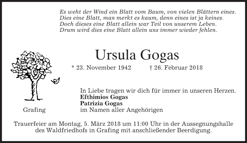  Traueranzeige für Ursula Gogas vom 01.03.2018 aus merkurtz