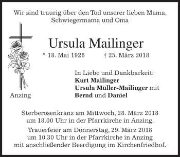 Traueranzeige von Ursula Mailinger von merkurtz