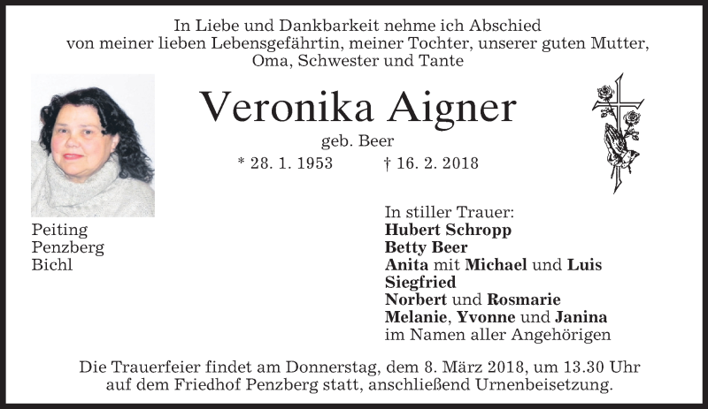  Traueranzeige für Veronika Aigner vom 03.03.2018 aus Das Gelbe Blatt Penzberg