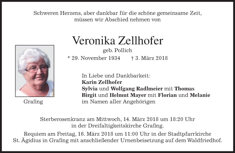  Traueranzeige für Veronika Zellhofer vom 10.03.2018 aus merkurtz