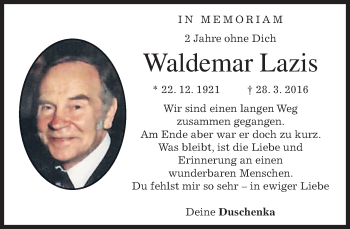Traueranzeige von Waldemar Lazis von merkurtz