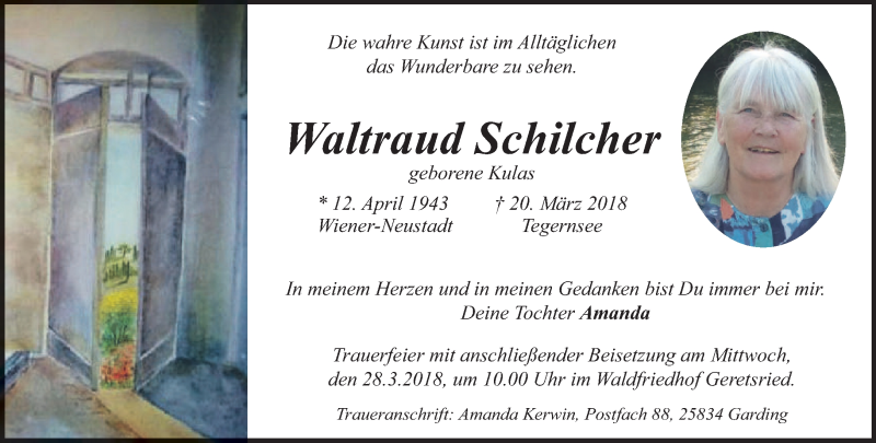  Traueranzeige für Waltraud Schilcher vom 24.03.2018 aus merkurtz