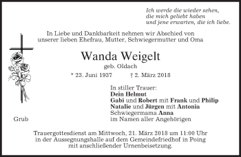 Traueranzeige von Wanda Weigelt von merkurtz