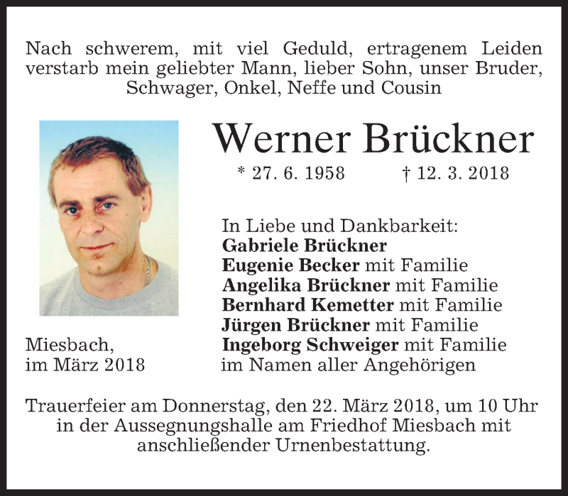 Traueranzeige für Werner Brückner vom 17.03.2018 aus merkurtz