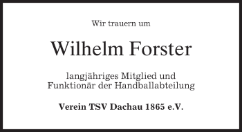 Traueranzeige von Wilhelm Forster von merkurtz