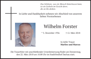 Traueranzeige von Wilhelm Forster von merkurtz