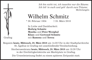 Traueranzeige von Wilhelm Schmitz von merkurtz
