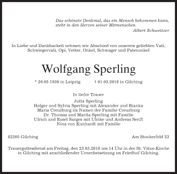 Traueranzeige von Wolfgang Sperling von merkurtz