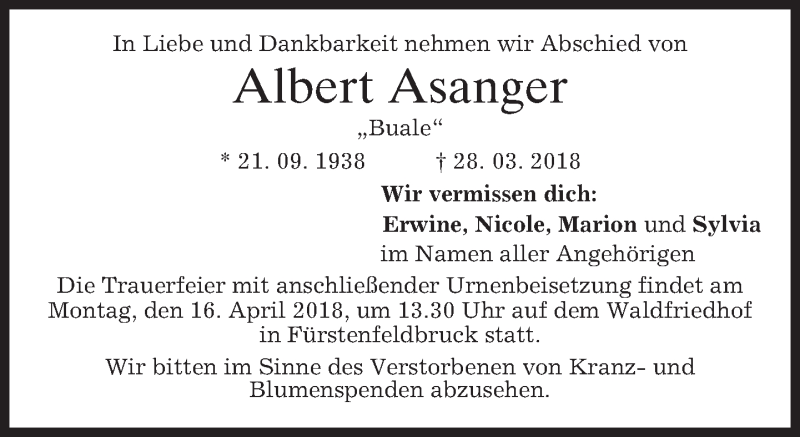  Traueranzeige für Albert Asanger vom 11.04.2018 aus merkurtz