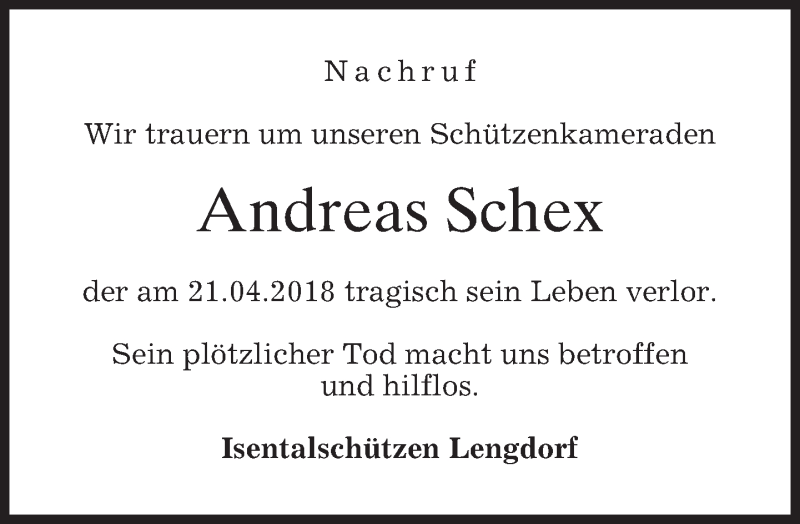  Traueranzeige für Andreas Schex vom 26.04.2018 aus merkurtz