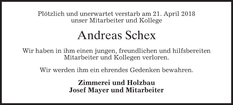  Traueranzeige für Andreas Schex vom 24.04.2018 aus merkurtz