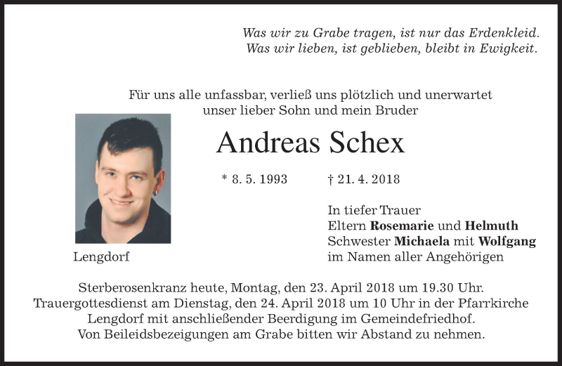  Traueranzeige für Andreas Schex vom 23.04.2018 aus merkurtz