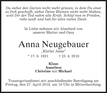 Traueranzeigen von Anna Neugebauer | trauer.merkur.de