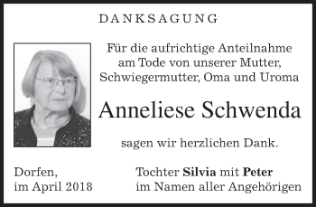 Traueranzeige von Anneliese Schwenda von merkurtz
