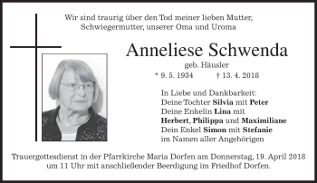 Traueranzeige von Anneliese Schwenda von merkurtz