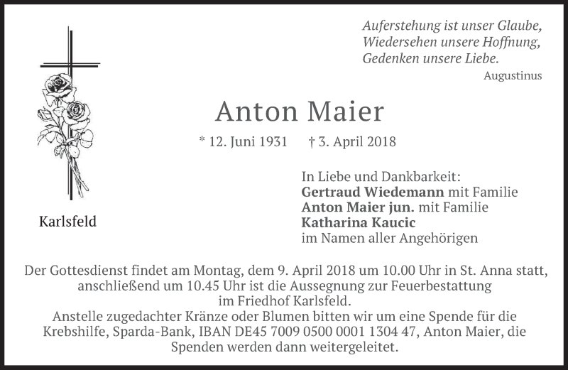  Traueranzeige für Anton Maier vom 07.04.2018 aus merkurtz