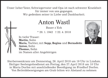Traueranzeige von Anton Wastl von merkurtz
