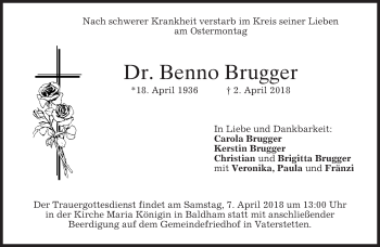 Traueranzeige von Benno Brugger von merkurtz