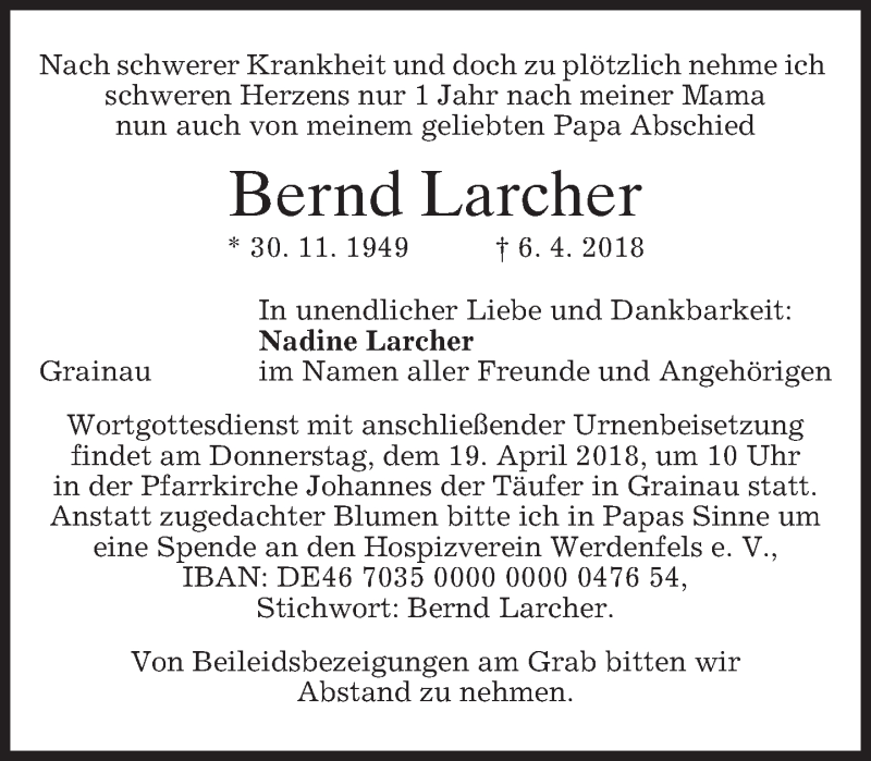  Traueranzeige für Bernd Larcher vom 17.04.2018 aus merkurtz