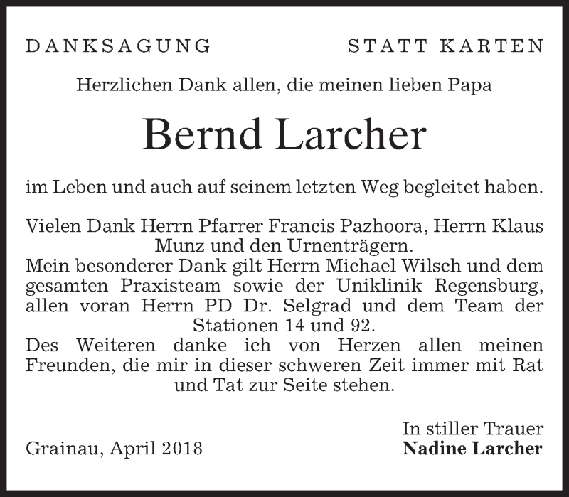  Traueranzeige für Bernd Larcher vom 28.04.2018 aus merkurtz