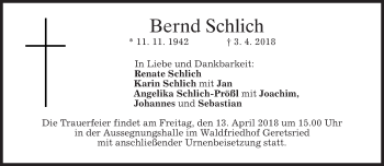 Traueranzeige von Bernd Schlich von merkurtz