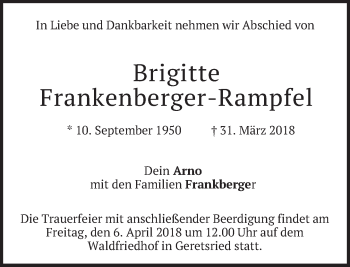 Traueranzeige von Brigitte Frankenberger-Rampfel von merkurtz