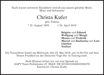 Traueranzeige von Christa Kufer von merkurtz