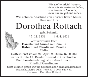 Traueranzeige von Dorothea Rottach von merkurtz