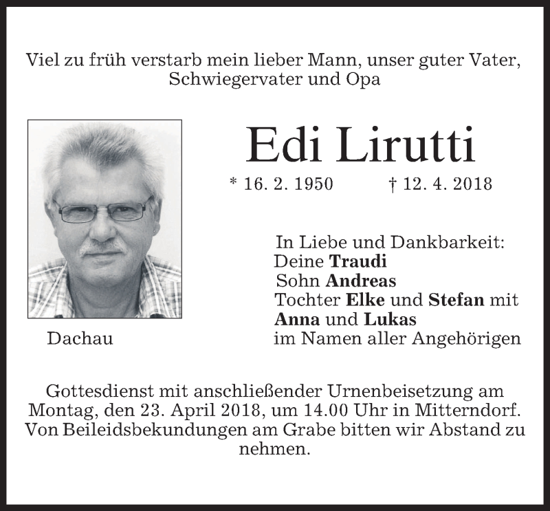  Traueranzeige für Edi Lirutti vom 19.04.2018 aus merkurtz