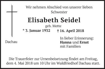 Traueranzeige von Elisabeth Seidel von merkurtz