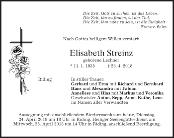 Traueranzeige von Elisabeth Streinz von merkurtz
