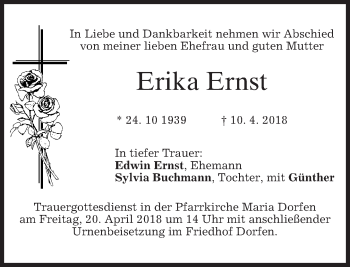 Traueranzeige von Erika Ernst von merkurtz