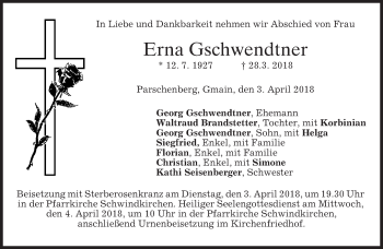 Traueranzeige von Erna Gschwendtner von merkurtz