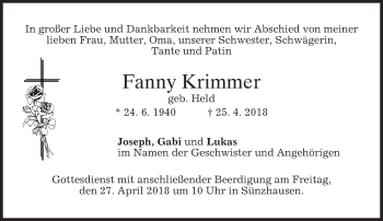Traueranzeige von Fanny Krimmer von merkurtz