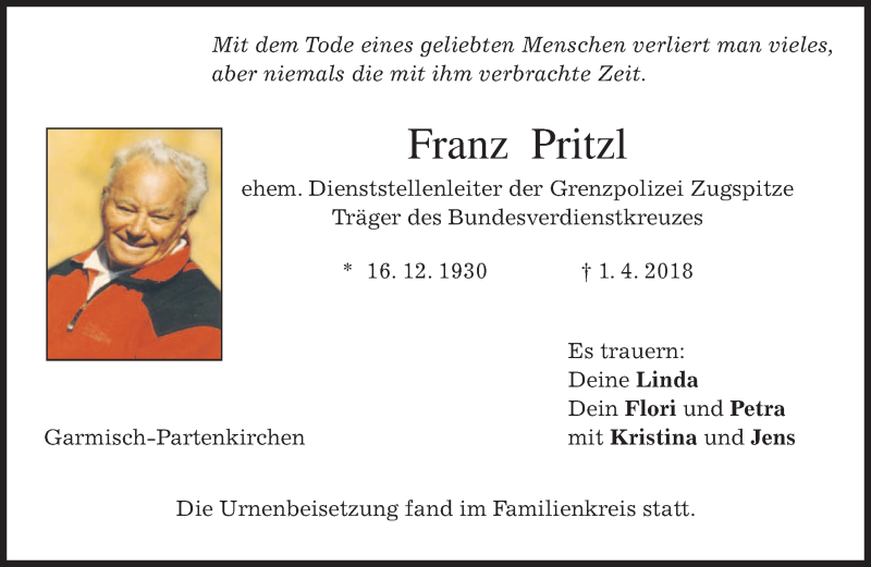  Traueranzeige für Franz Pritzl vom 25.04.2018 aus merkurtz