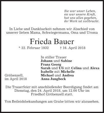 Traueranzeige von Frieda Bauer von merkurtz