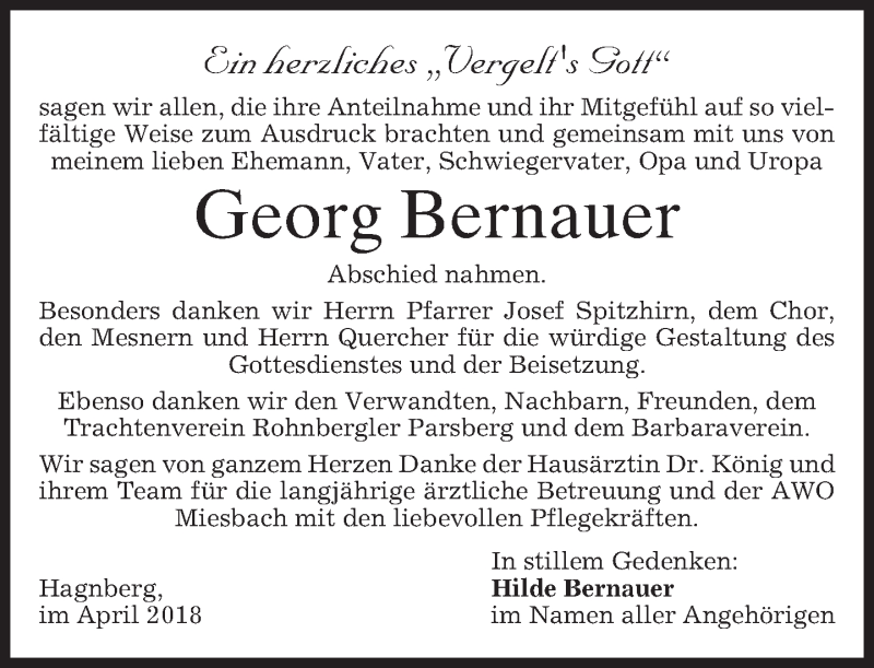  Traueranzeige für Georg Bernauer vom 21.04.2018 aus merkurtz