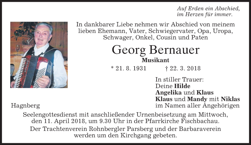  Traueranzeige für Georg Bernauer vom 07.04.2018 aus merkurtz