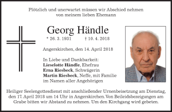 Traueranzeige von Georg Händle von merkurtz