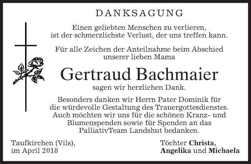  Traueranzeige für Gertraud Bachmaier vom 13.04.2018 aus merkurtz