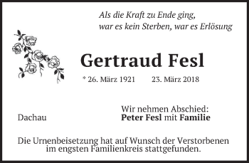 Traueranzeige von Gertraud Fesl von merkurtz
