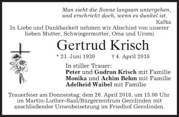 Traueranzeige von Gertrud Krisch von merkurtz